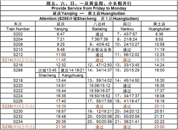 Fahrplan Rückfahrt Yanqing-Huangtudian am Freitag, Samstag, Sonntag und Montag sowie am Feiertag