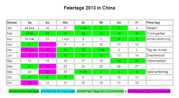 Kalender 2013 für China Feiertage