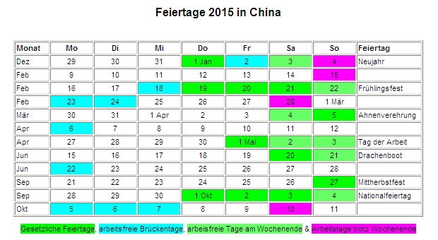 Kalender 2015 für China Feiertage