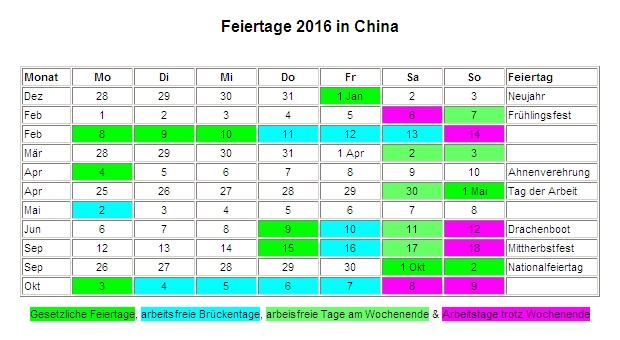 Kalender 2016 für China Feiertage