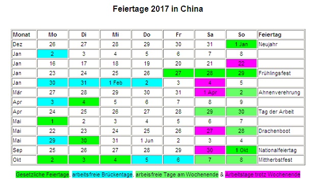 Kalender 2017 für China Feiertage