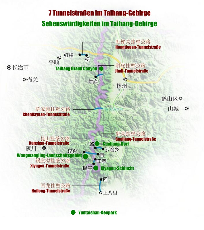 Reisekarte für Tunnelstrassen und Sehenwürdigkeiten im Taihang-Gebirge